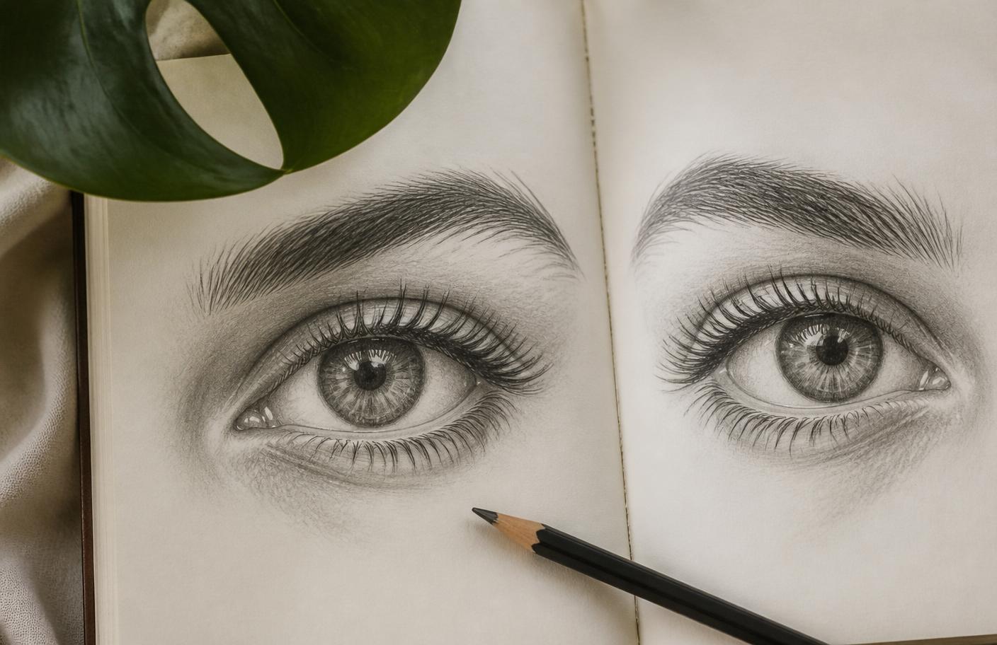 Detailed pencil drawings of eyes in a sketchbook